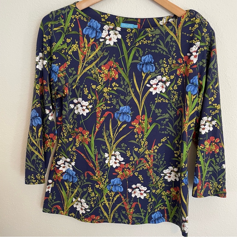 J McLaughlin Top Womens S Catalina Cloth 3/4 Sleeve Boat Neck Floral Print Iris